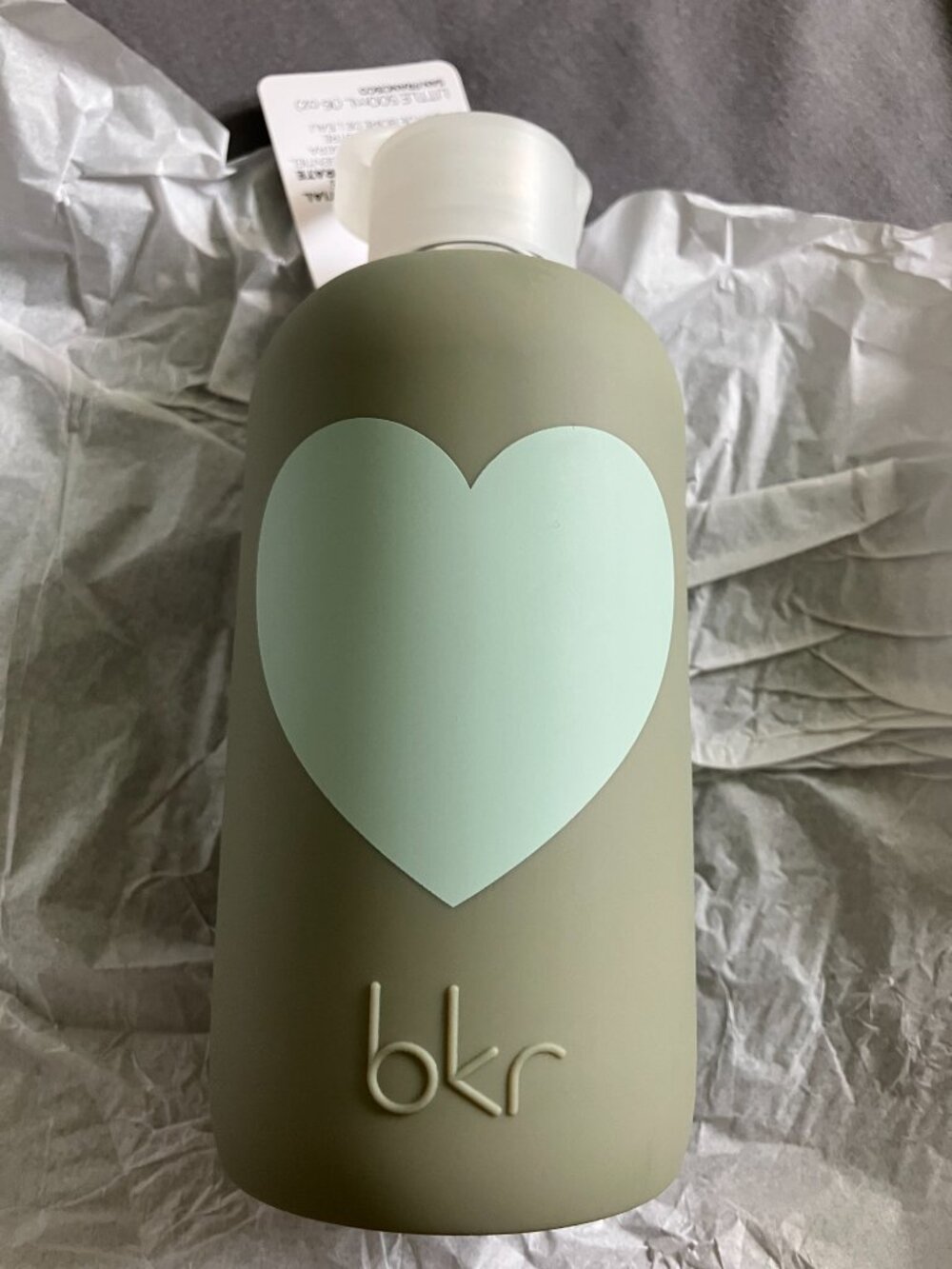 BKR Glass Water Bottle Silicone Sleeve Aspen Sage Green w Mint Heart 16oz/500ml
